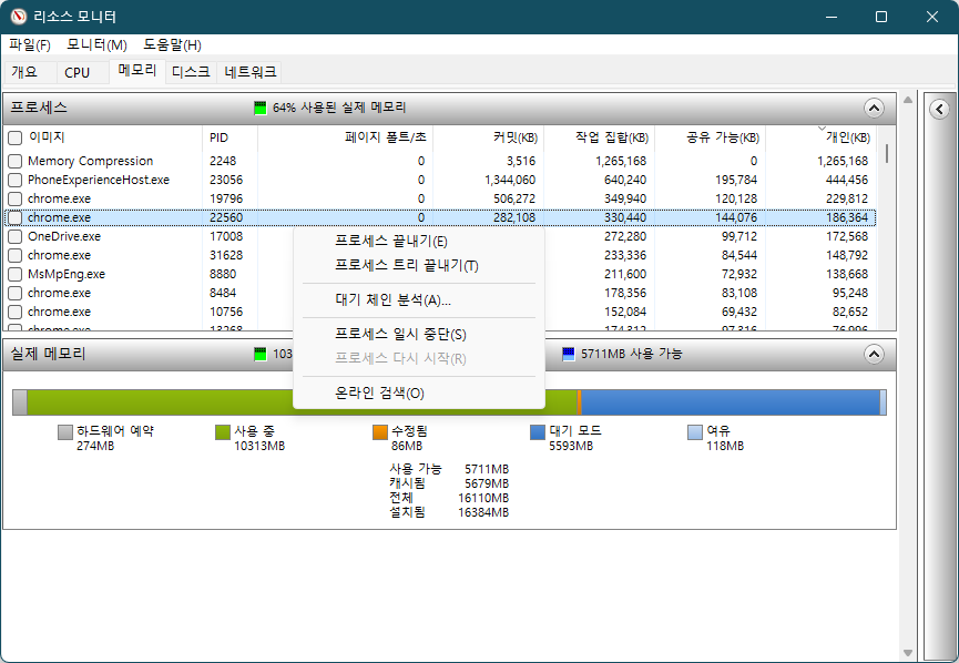 윈도우11 프로세스별 메모리 사용률