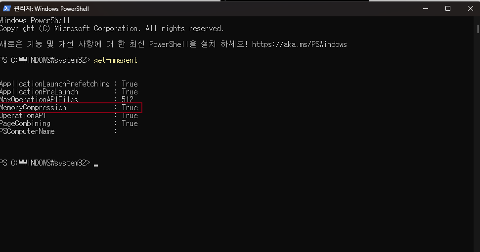 윈도우11 메모리 압축기능 상태