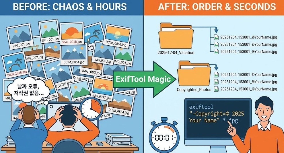 사진 1,000장 정리 1초 컷? ExifTool로 날짜, 저작권 일괄 수정하는 법
