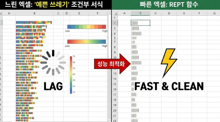 엑셀이 느려지는 이유, 범인은 '예쁜 쓰레기' 조건부 서식? REPT 함수로 성능과 디자인 모두 잡는 법