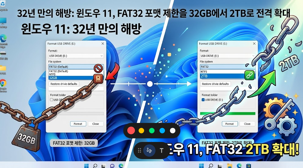 32년 만의 해방: 윈도우 11, FAT32 포맷 제한을 32GB에서 2TB로 전격 확대