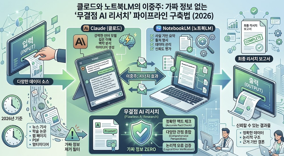 클로드와 노트북LM의 이중주: 가짜 정보 없는 ‘무결점 AI 리서치’ 파이프라인 구축법 (2026)