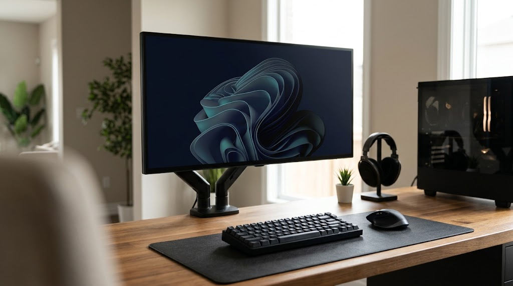 따뜻한 원목 책상 위에 놓인 깔끔한 Windows 데스크톱 모니터와 기계식 키보드, 무선 마우스 구성