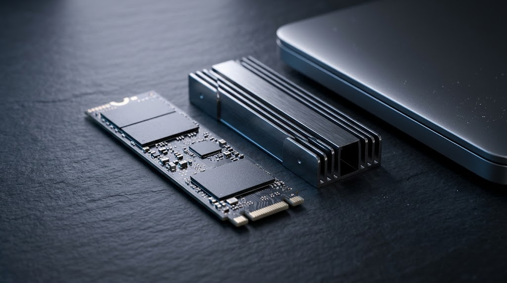 어두운 석재 표면 위에 놓인 고성능 M.2 NVMe SSD와 알루미늄 방열판, 슬림한 노트북 측면 클로즈업