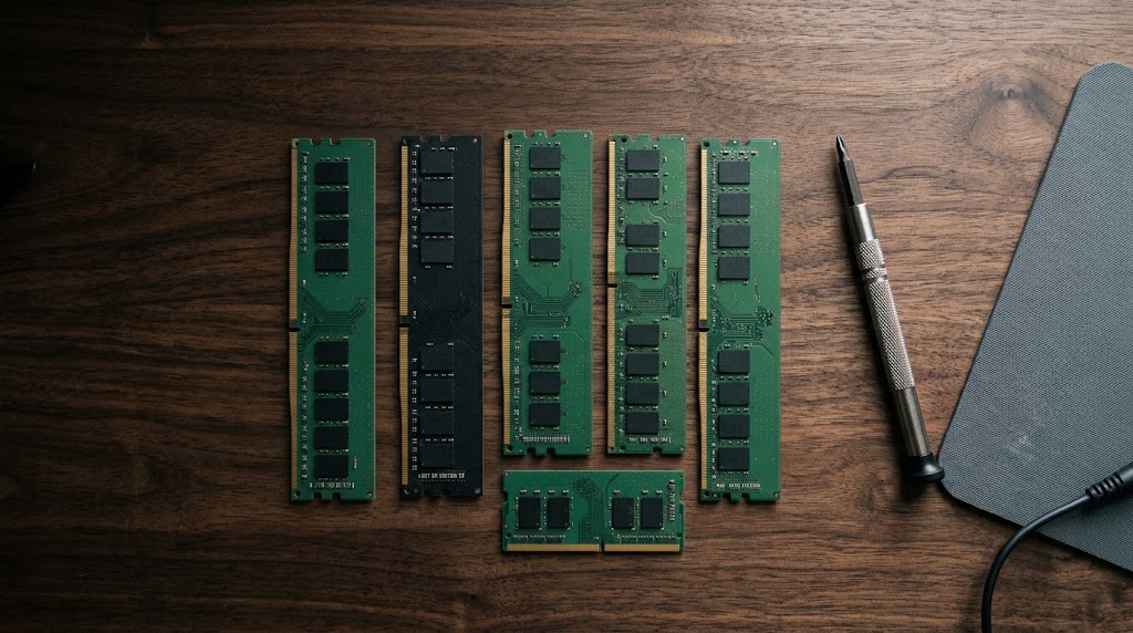 짙은 원목 책상 위에 정돈되어 놓인 여러 개의 초록색 및 검은색 데스크톱 DDR4 램 모듈과 노트북용 메모리 스틱